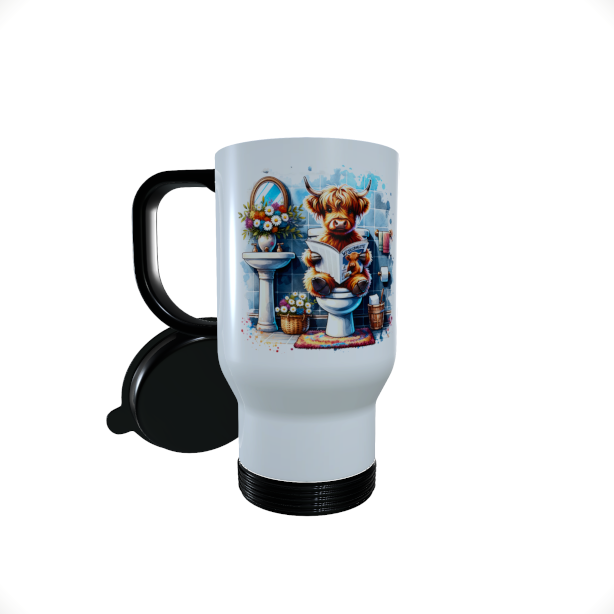 Funny Highland Cow sitting on the toilet.. Thermal travel mug